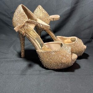 Gold Rhinestone Stiletto Platform Heels with Ankle Strap – Size 7.5 (Measured)